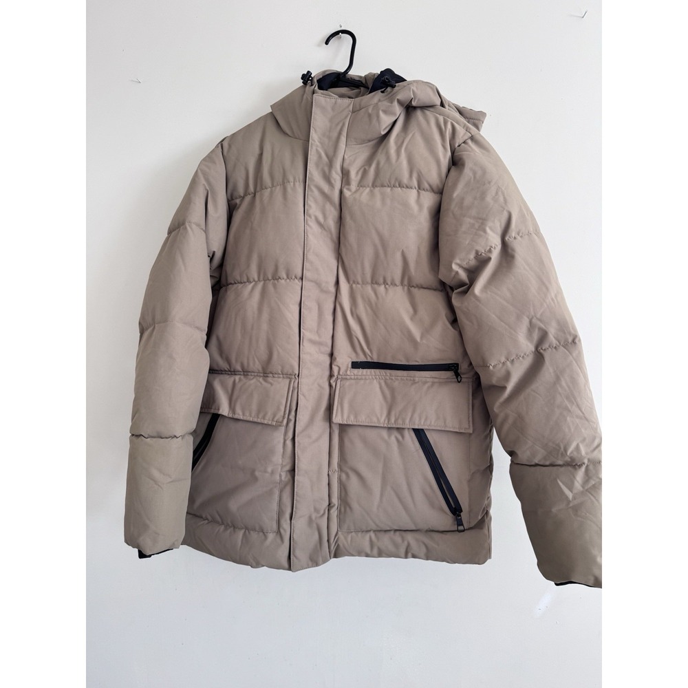 Large Puffer Coat Tan Men's Heavy Warm Thick Fsbn Neutral Minimal Clean Hooded